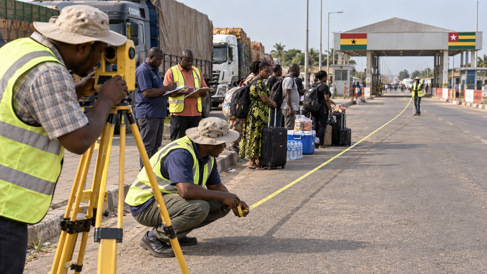 Surveyors measure the Ghana–Togo border while travellers prepare for an unexpectedly longer journey.